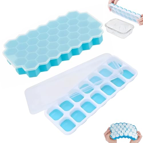 NHQZ 2 Pièces bacs à glaçons en silicone avec couvercle,Moule à Glaçons, Sans BPA,bacs à glaçons carrés faciles à retirer