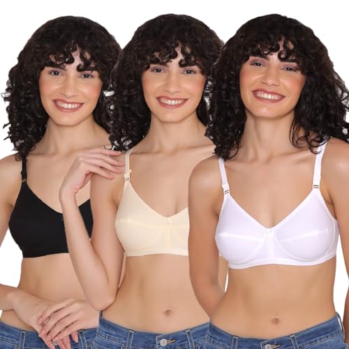 Image of INKURV Cotton Hosiery Bra for Women's Daily use, Full Coverage Bra for Regular wear, Non Padded, Non Wired Everyday Bra with Rich Cotton-Zoe Combo of 3 (Black Skin White 34B)