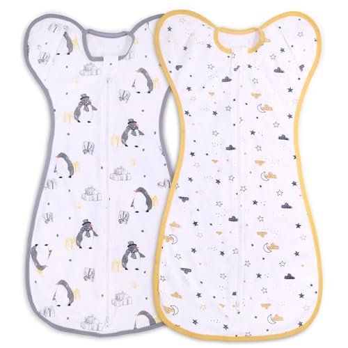 Image of WODHOY Arms Up Sleep Sack 0-3 Months, 2-Pack Transitional Swaddle Sack with 2-Way Zipper, 100% Cotton Baby Arms Out Swaddle, Baby Swaddles 0-3 Months for Newborn Boys & Girls