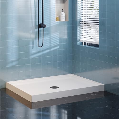 Image of Casaphoria 32 inch x 48 inch Shower Base Pan with 3.5 inch Center Drain Hole,Shower Pan Five-Layer Acrylic + ABS Processing, Non-Slip Shower Enclosure Base for Bathroom, Single Threshold White