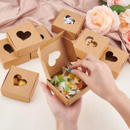 BENECREAT 30 Packs Kraft Paper Boxes with Heart Shape Window(No Film) 7.65x7.75x3.1cm Cardboard Gift Boxes for Party Favor Treats and Jewelry Packaging - Image 3