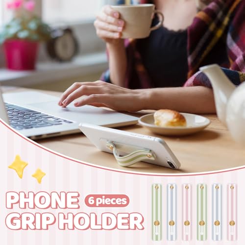 Image of Weewooday 6 Pieces Phone Grip Holder Cell Phone Grip Strap Telescopic Finger Strap Stand Universal Finger Kickstand for Most Smartphones (Pink, Green, Blue,Stripe)