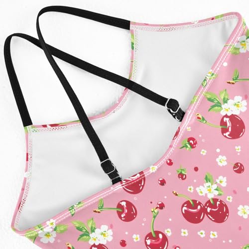 senya Girls Swimsuits One-Piece Swimwear Tie Bathing Suit Beach Summer Round Neck 5-6T Cherries and Flowers on Pink Pattern4