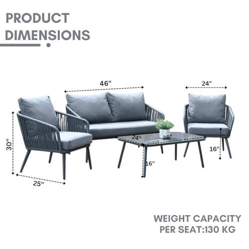 Image of DEVOKO 4 Seater Sofa Outdoor Conversation Patio Garden Rope Furniture Set with Cushion and Center Table for Garden, Balcony, Poolside (Grey)
