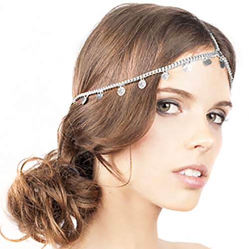 Fstrend Boho Sequins Layered Head Chain Festival Coin Pendant Headband Fashion Hair Jewelry Party Christmas for Women and Girls(Silver)