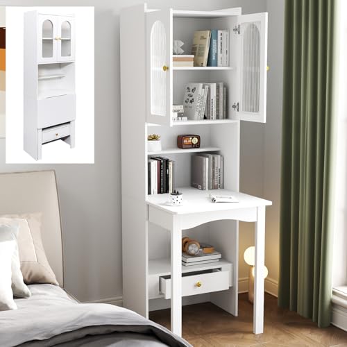 Convertible Fold Down Desk with Bookshelf & Drawer, Multifunctional Murphy Desks with Storage, Hideaway Fold Out Desk Cabinet for Small Spaces (White)