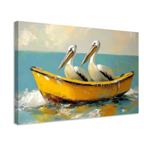 ANCROUTERY Pelican Bathroom Wall Art Pelicans on Boat Canvas Picture Coastal Seabird Wall Decor Nautical Wildlife Painting for Beach House Living Room Framed 12"x18"
