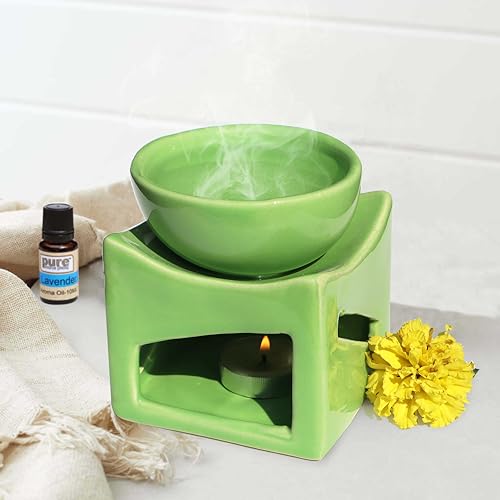 Pure Source India Ceramic Clay Candle Operated Aroma Burner Oil Diffuser, Extra Large Bowl, with 1 Tealight, 4.25 Inch, (Green)