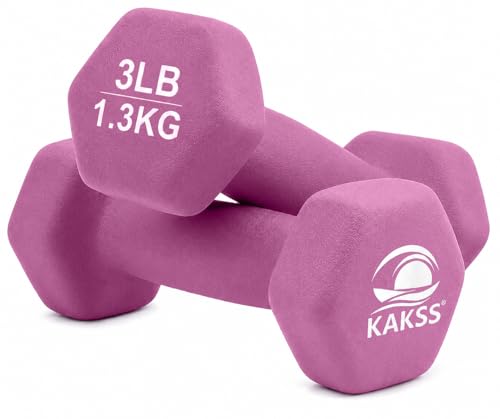Image of KAKSS Neoprene Dumbbell Set of 2 (3 lb / 1.4 Kg Each), Purple Hex Dumbbells with Cast Iron Core and Non-Slip Coated Grip, Hand Weights for Home Workout Equipment and Gym Dumbbell for Women and Men