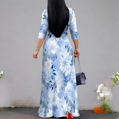 Image of PinkPatty Plus Size Maxi Dress for Women Casual V Neck 3 /4 Sleeve Boho Printed Long Dress with Pockets