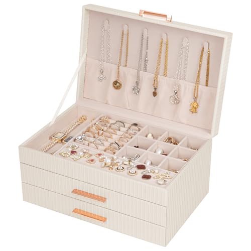 Dajasan Boite a Bijoux Femme, Boite à Bijoux avec 2 Tiroirs, 3 Niveaux Grande Boîte à Bijoux pour Coiffeuse, Cuir PU Imperméable Grain Vertical, Modern,...