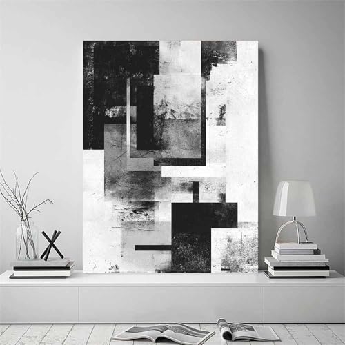Tableau mural abstrait moderne blocs noirs et blancs 20x30cm encadré
