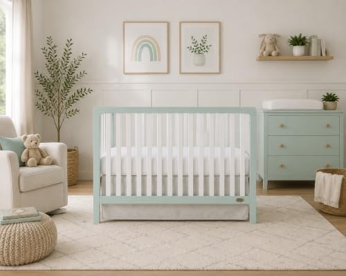 Image of Dream On Me Ridgefield 5-in-1 Convertible Full-Size Baby Crib in Mint & White, GreenGuard Gold & JPMA, 4 Mattress Heights, Converts to Toddler, Day & Full-Size Bed, Solid Wood Design