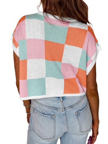 Saodimallsu Womens Cap Sleeve Crop Tops Summer Color Block Going Out Crew Neck Knit Trendy Casual Sweater4