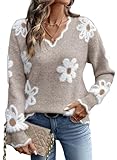 Dokotoo Long Sleeve Shirts for Women 2025 Fashion Trendy V Neck Long Sleeve Fall Sweater Ladies Basic Tee Casual Tops Loose Fit Ribbed Knit Pullovers Floral Top Gray X-Large
