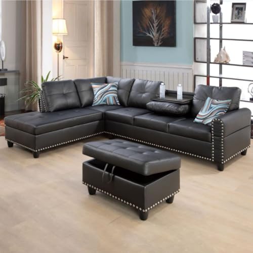 Image of L-Shaped 3-Piece Faux Leather Sofa with Ottoman, Sectional Couch Set for Living Room, Office, Apartment, with Cup Holder, Black