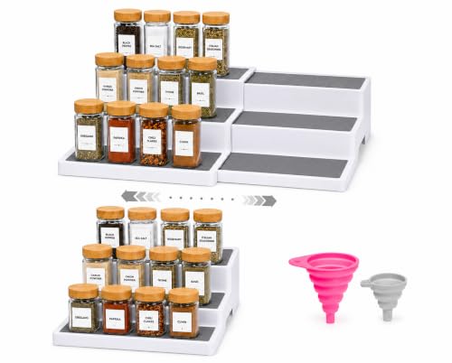 Pack of 2, Expandable 3 Tiered Spice Rack Organizer for Cabinet and Kitchen Pantry Shelf – Non-Slip Shelves for Spices, Seasoning, Canned Food, Medicine Cabinet Organizer – Includes Silicone Funnels