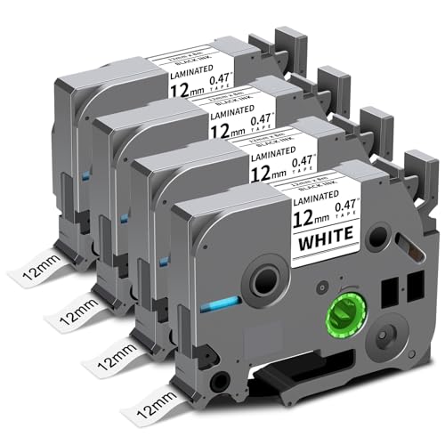 4-Pack TZe TZ Tape 12mm 0.47 Laminated White Compatible for Brother TZe-231 TZe231 TZ-231 Label Tape Refills for P Touch Label Maker PT-D220 PT-D210 H110 PTH100 PTD210 D410 D400 1/2 x 26.2 ft
