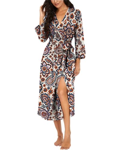 Image of VINTATRE Robes for Women Long Knit Bathrobe XS-4XL | 3 /4 Sleeve Bathrobes with Pockets, Stretchy and Lightweight Fabric, Inner Tie and Fixed Outer Matching Belt, Mid Calf Length