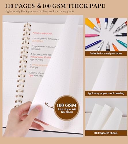 UEBZFOCS Dotted Spiral Notebook College Ruled A4 Spiral Bound Journal 8.5” x 11”, Black