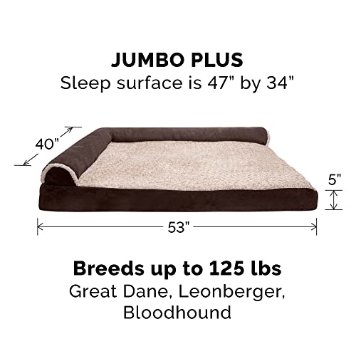 Image of Furhaven Cooling Gel Dog Bed for Large Dogs w / Removable Bolsters & Washable Cover, For Dogs Up to 125 lbs - Two-Tone Plush Faux Fur & Suede L Shaped Chaise - Espresso, Jumbo Plus /XXL