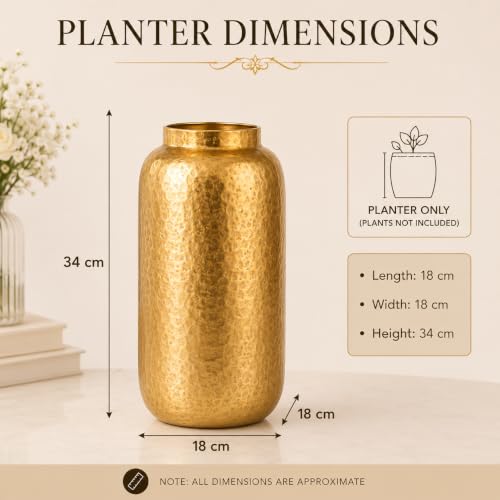 Image of INDIAN DECORMART Flower Vase | Flower Pots for Home Decor, Living Room, Bedroom, Office, Gifting, Colour Gold (IDM22240, 18x18x34 CM)