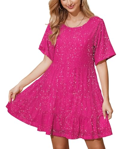 Image of MAYSTEPPE Sparkly Glitter Dress, Sequin Babydoll Summer Dress Short Flowy Tiered Tunic Dress for Women Party Club Night