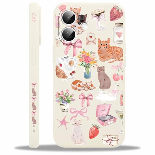 Kivlclri Cover per iPhone 16 6,1', Cellulare Bianco Silicone Morbido Custodia per telefono Aesthetic Collage Gatto Fiocco Motivo Disegno Protezione Fotocamera Antiurto Case per Ragazze Donne