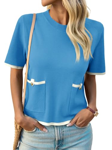 Image of Saodimallsu Women's Short Sleeve Color Block Crew Neck Sweater
