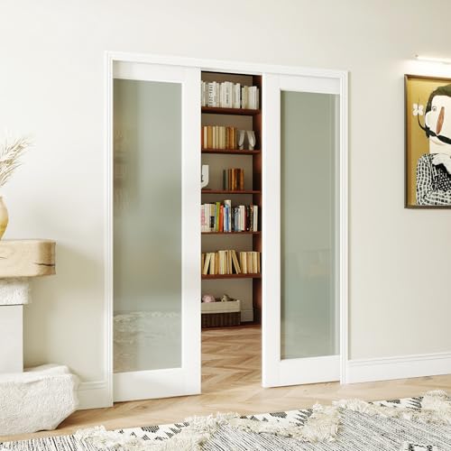 Image of 28 inch x 80 inch Sliding Pocket Door Kit, 1 Lite Frosted Glass Pantry Door with Panel and Frame, Interior & Closet Single Finished Door Slab, Interior Sliding Doors, White Primed