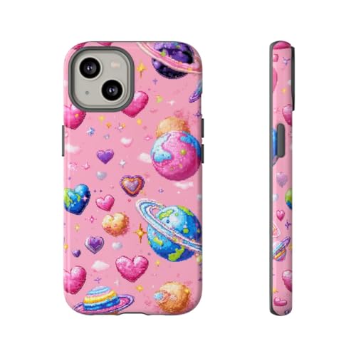 Coque iPhone 14 Pixel Art cœurs et planètes, le cadeau idéal