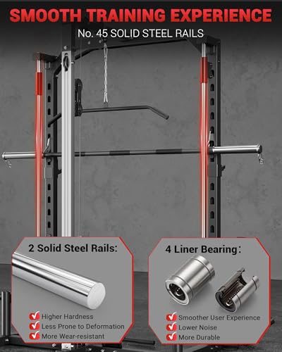 Smith Machine Home Gym with Barbell Bar, Cable System, Lat Pulldown Attachments, Safety Spotter Arms, J Hooks, Landmine, Multi-Functional Squat Rack for Full Body Strength Training