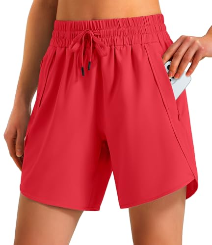 Women's 5"/ 7" Athletic Running Shorts Quick Dry Lightweight Workout Gym Shorts with Zipper Pockets UPF 50+ Red S