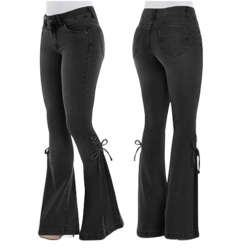 Women's Lace-up Bell Bottom Denim Pants Mid Waist Stretchy Flare Juniors Trouser Jeans