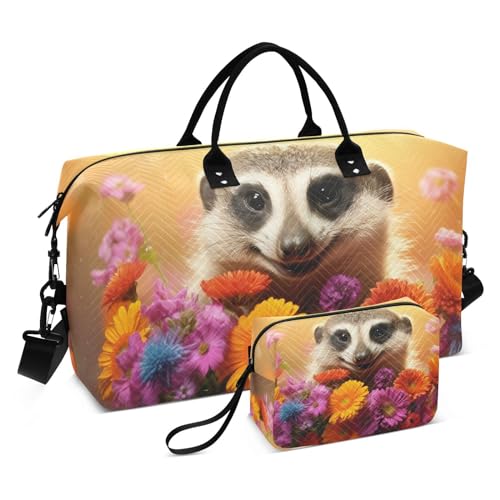Large Travel Duffel Bag, Cute Meerkat with Bouquet Sports Tote Gym Bag, Shoulder Weekender Overnight Bag for Women Men, Carry On Luggage with Toiletry Bags