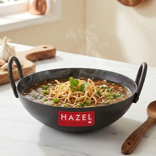 Image of HAZEL Iron Kadhai with Black Handle | 26cm, 2.3L | Lohe ki Kadhai | Traditional Healthy Cooking Utensils | Heavy Base Iron Wok