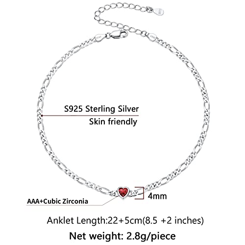 Silvercute Women Girls Barefoot Jewelry Simulated Heart Gem Inlaid 925 Sterling Silver Figaro Chain Anklets #TOP6