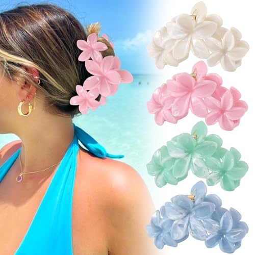 Auseibeely 4Pcs Flower Hair Clips for Women - Cute Hawaiian Plumeria Claw Clips, Large Hair Clip for Thick Hair, Decorative Summer Beach Hair Accessories, Ideal for Gifts