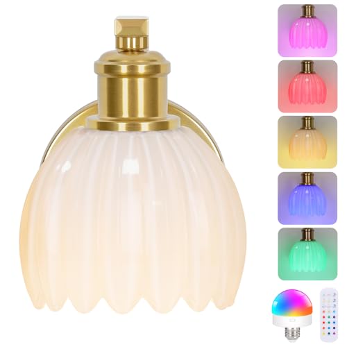 Image of VerRon Rechargeable Battery Operated Wall Sconce with Milky White Glass Lampshade, Wireless Wall Scone Decor with Remote Control, 15 Colors Gold Wall Light for Bedside Hallway Bedroom Doorway