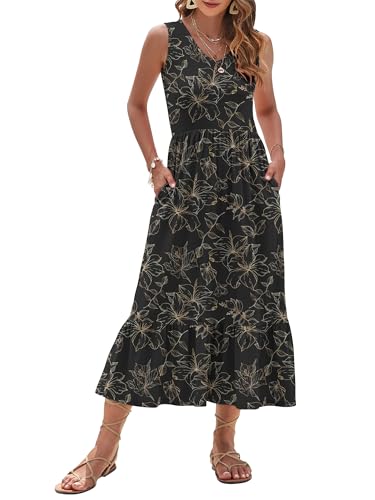 Image of AUSELILY Womens Summer Maxi Dress Casual Sleeveless V Neck Floral Dresses | A line shape with practical side pockets, Vacation dress for resort walks, Pair with low heels and simple jewelry