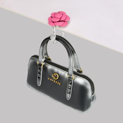 Image of Caprese Rose Flower Purse Hook & Bag Charm for Handbags | 2-in-1 Detachable PU Floral Table Hanger & Beige Accessory | Holds up to 7 kg (Magenta)