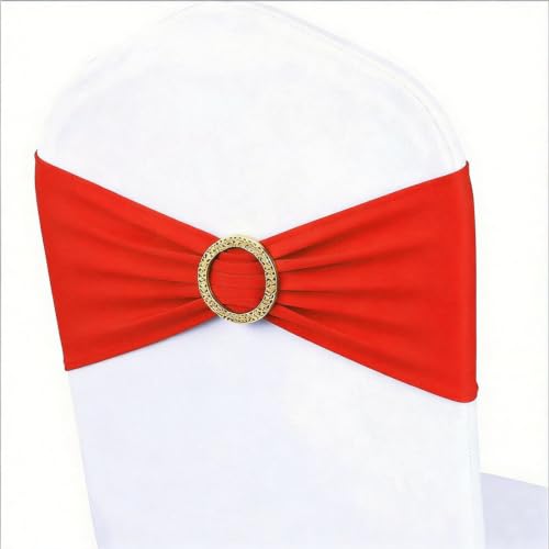 Image of Red Chair Sashes 50 Pack with Gold Buckle Slider, Spandex Red Chair Bands Bows for Folding Chairs Wedding Party Banquet Decor