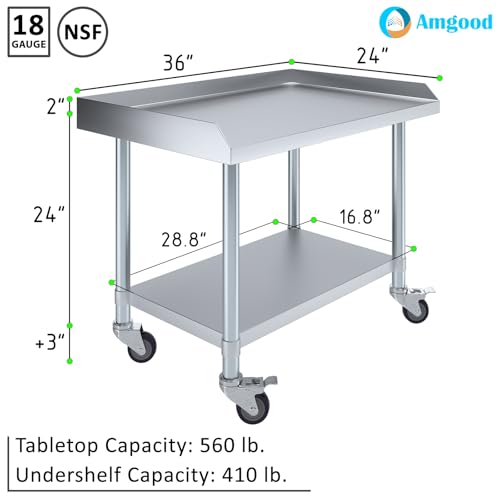Image of AmGood Stainless Steel Equipment Stand with Undershelf + Casters, Heavy Duty, Commercial Grade, NSF Certified (24 inch Width x 36 inch Length + Casters)