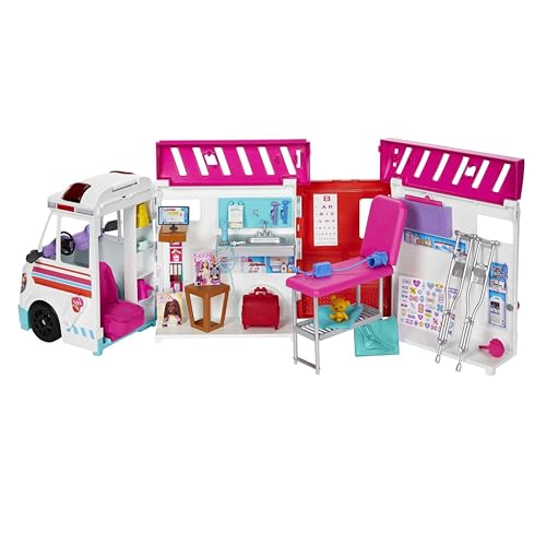 Barbie 2-in-1-Krankenwagen Spielset, Rettungswagen mit Lichtern und...