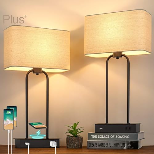 Set of 2 Wireless Charging Touch Control 3-Way Dimmable Table Lamps, Beside Nightstand Lamps for...
