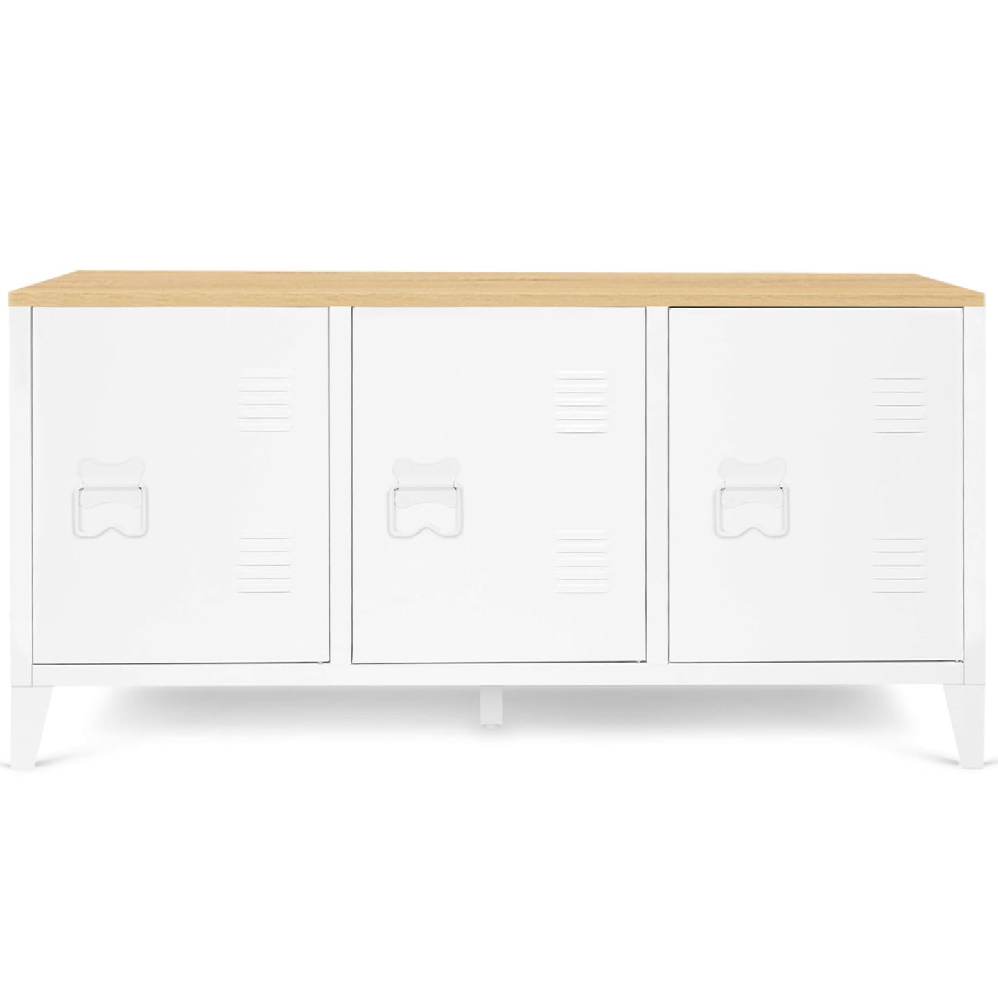 IDMarket - Aparador Bajo Ester 113 cm 3 Puertas de Metal Blanco con Tablero de Madera de Diseño Industrial