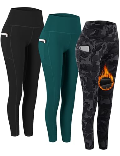 Fengbay 3 Pack High Waist Fleece Lined Yoga Pants, Pocket Yoga Pants Tummy Control Workout Running 4 Way Stretch Yoga Leggings