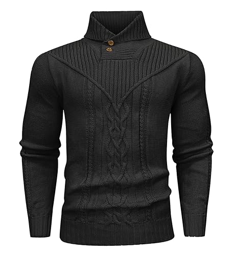 Men's Shawl Collar Pullover Sweater Casual Button Cable Knit Sweaters3