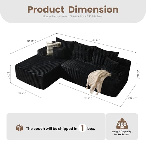 Image of HOOOWOOO Plush L Shaped Sectional Couch,97 inch Assembly Free Modern Minimalist Sofa,Boneless Corner Couch in A Box for Apartment Renting House Office(Left Chaise Black)