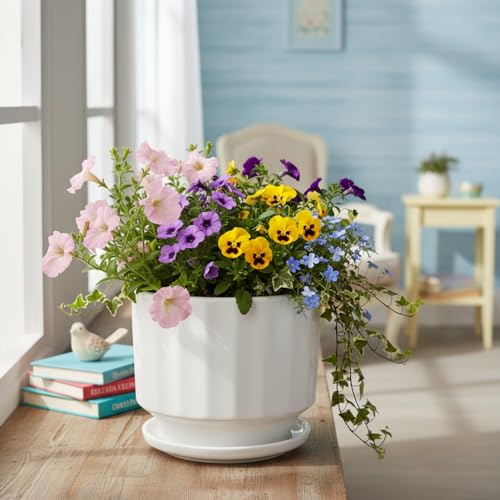 Image of Xtore Minimal Ceramic Ribbed Planter with Base | Compact Plant Pot for Desk, Window & Shelf Decor - (White, 1 Piece, Planter ONLY)